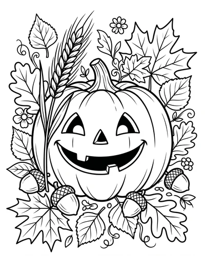 Smiling jack-o'-lantern with a wheat stalk, acorns and fall leaves, warm autumn harvest Halloween coloring page to print