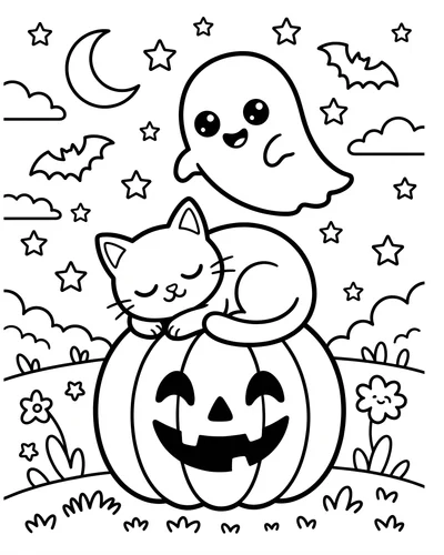 Ghost floating over a cat sleeping curled on top of a pumpkin under a crescent moon, calm printable Halloween coloring page