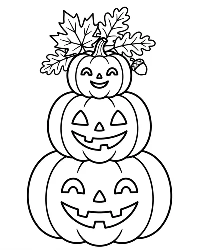 Stack of three smiling jack-o'-lanterns of different sizes topped with leaves and an acorn, free printable Halloween coloring page