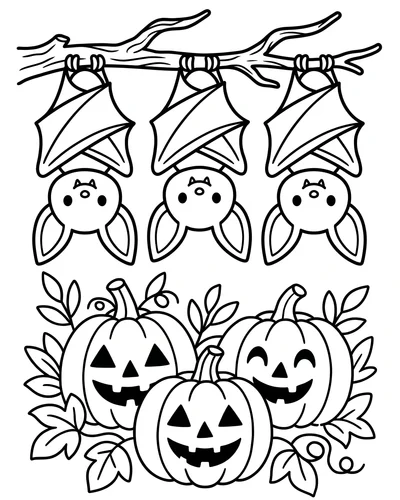 Three cute bats hanging in a row from a branch above a cluster of round pumpkins with happy carved faces, Halloween coloring page to print