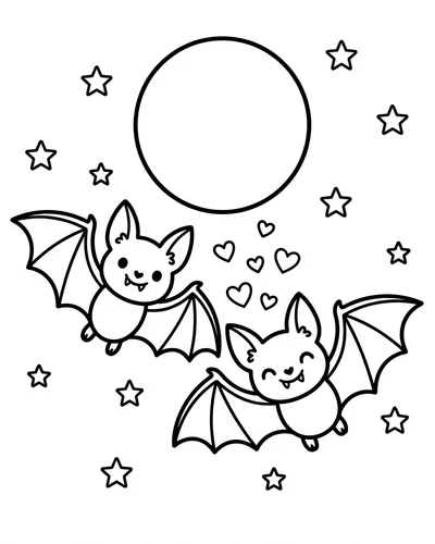 Two cute bats flying side by side toward a big round full moon with floating hearts, free printable Halloween coloring page