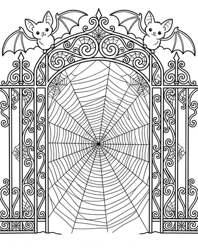 Two cute bats sitting on opposite sides of an ornate iron garden gate with a web spun between them, intricate Halloween coloring page