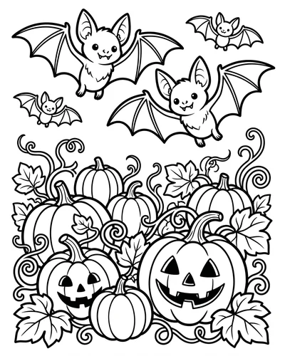 Two cute bats flying over a pumpkin patch with autumn leaves and swirling vines, free printable Halloween coloring page