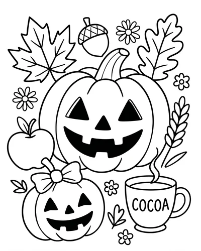 Two jack-o'-lanterns with a bow, an apple, autumn leaves and a steaming cocoa mug, cozy free printable Halloween coloring page