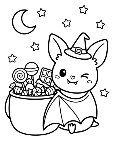 Winking bat wearing a tiny witch hat beside a bucket of candy, festive Halloween coloring page for kids to print
