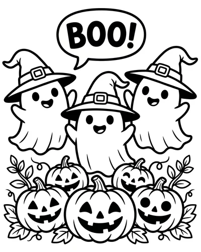 Row of witch-hat ghosts waving with a BOO speech bubble above the middle one and pumpkins below, printable Halloween coloring page