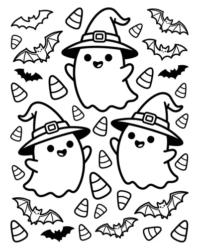 Three pointy-hat ghosts floating in a triangle with candy corn and bats scattered around, free printable Halloween coloring page