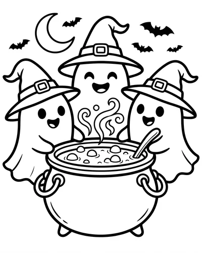 Group of witch-hat ghosts gathered around a bubbling cauldron with big happy smiles under a crescent moon, Halloween coloring page to print