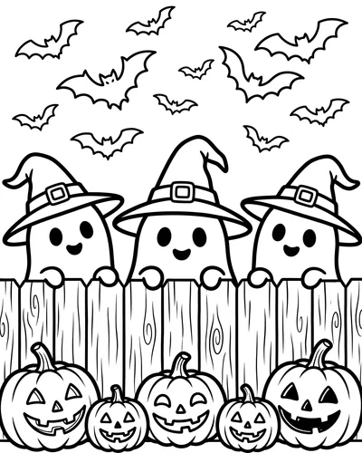 Three cute ghosts in witch hats peeking over a wooden fence lined with jack-o'-lanterns and bats in the sky, Halloween coloring page