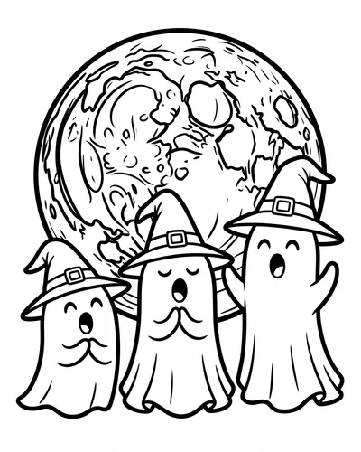 Three witch-hat ghosts of different heights lined up like carolers before a full moon, free printable Halloween coloring page