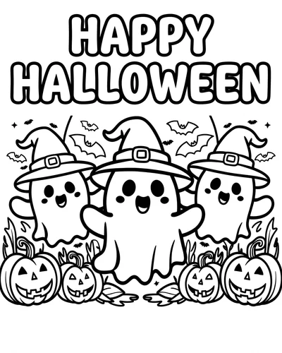 Three cute ghosts in witch hats over a row of pumpkins beneath the title HAPPY HALLOWEEN in bubble letters, Halloween coloring page to print