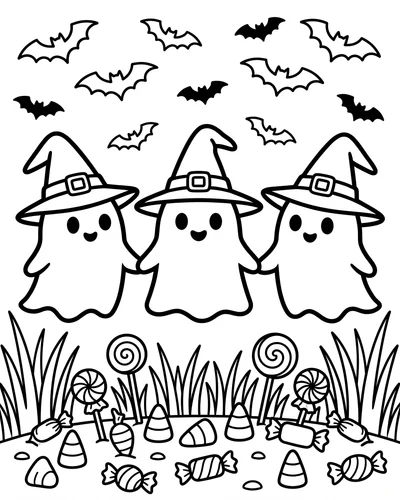 Three witch-hat ghosts holding hands in a row above candy and lollipops with bats overhead, printable Halloween coloring page for kids