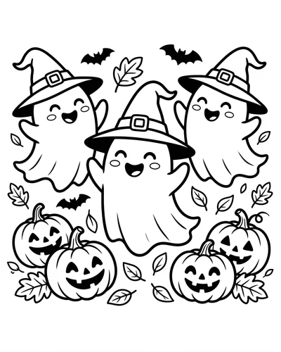 Trio of cute ghosts in pointy witch hats dancing with arms raised among pumpkins and falling leaves, Halloween coloring page to print