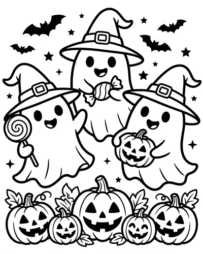 Three witch-hat ghosts each holding a treat, a lollipop, a candy and a small pumpkin, under a starry sky, Halloween coloring page