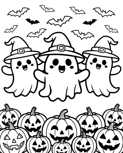 Three cute ghosts in witch hats floating above a pile of jack-o'-lanterns with bats overhead, free printable Halloween coloring page
