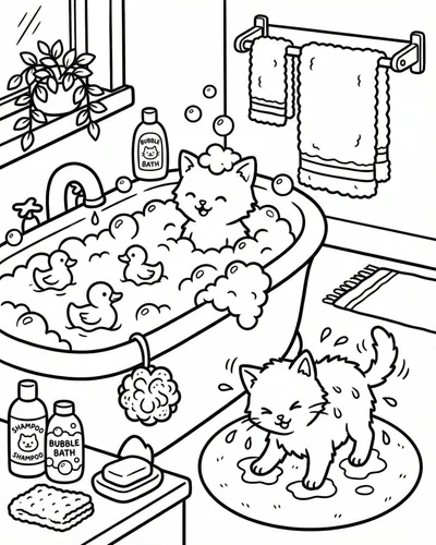 Free printable kitten bathtime 4 coloring page for adults and kids