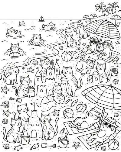 Free printable kitten beach 8 coloring page for adults and kids