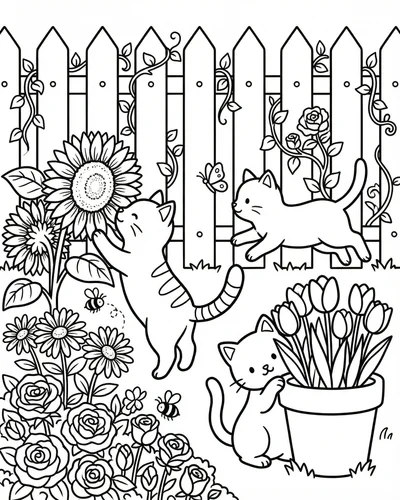 Free printable kitten garden 3 coloring page for adults and kids