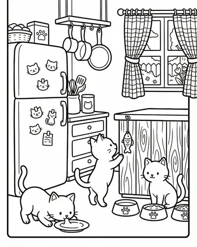 Free printable kitten kitchen 5 coloring page for adults and kids