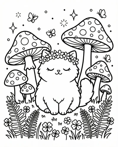 Free printable kitten mushroom 22 coloring page for adults and kids