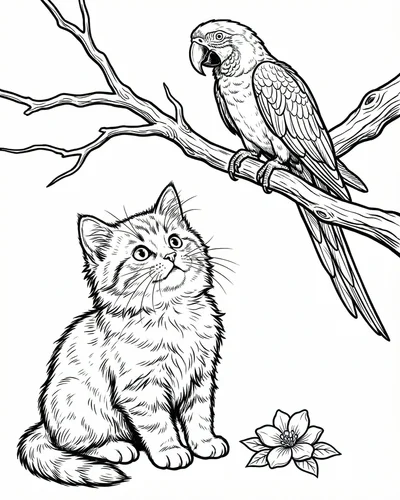 Free printable kitten parrot 15 coloring page for adults and kids