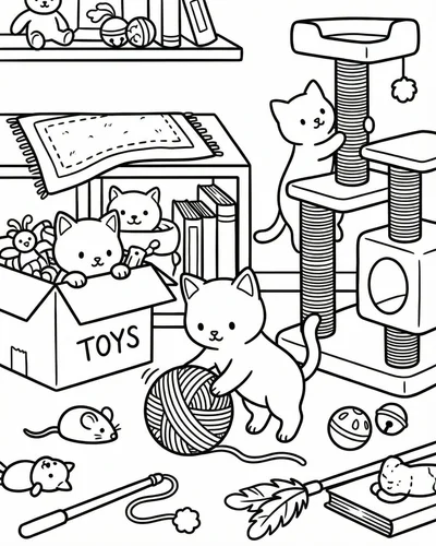 Free printable kitten playroom 1 coloring page for adults and kids