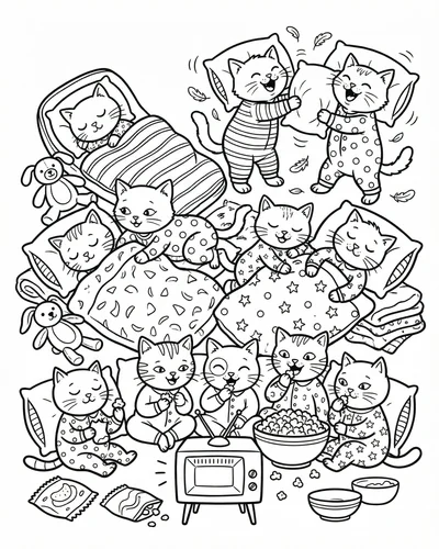 Free printable kitten sleepover 9 coloring page for adults and kids