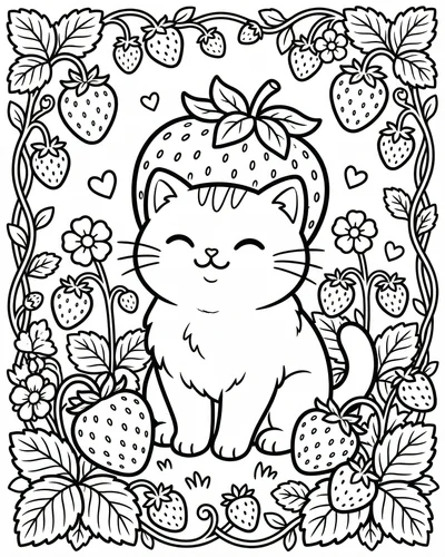 Free printable kitten strawberry 21 coloring page for adults and kids