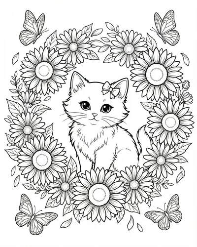 Free printable kitten sunflower 10 coloring page for adults and kids