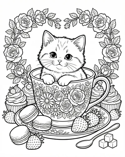 Free printable kitten teacup 13 coloring page for adults and kids