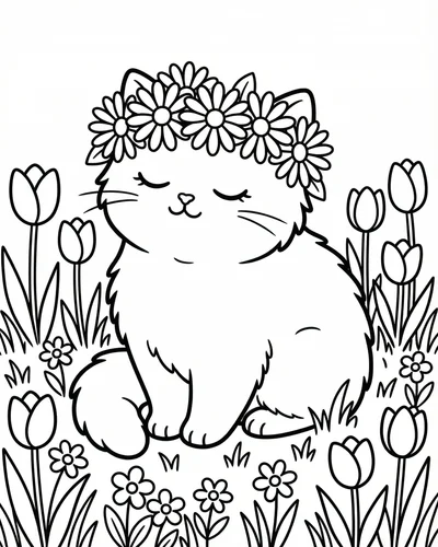 Free printable kitten tulip 20 coloring page for adults and kids