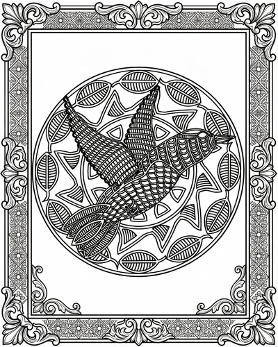Featured mandala coloring pages — Antique-style ornate Victorian frame surrounding a circular bird medallion mandala