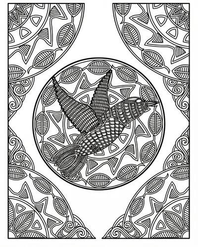 Bird flying inside a circular medallion mandala framed by quarter-circle ornamental corners