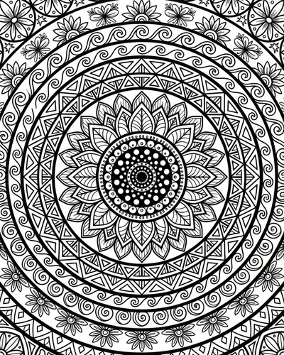 Concentric ring mandala with leaf border, scroll layers and a layered rosette in the middle
