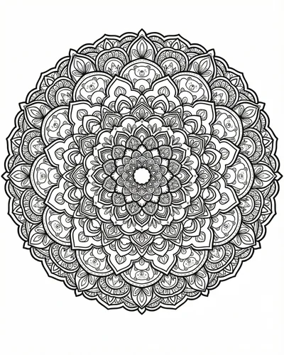 Highly intricate adult mandala with dozens of repeating pointed petal layers and dot work