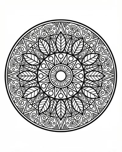 Dome-shaped mandala with leaf-tipped petal rings stacked around a small bright center