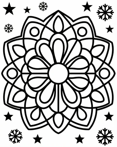 Beginner-friendly eight-petal mandala flanked by simple stars and snowflakes around the edges
