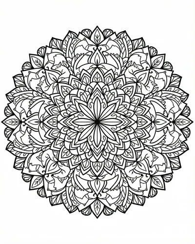 Eight-pointed star-shaped mandala bloom with diamond-tipped petals filling the page center