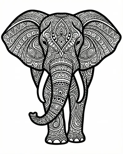 Front-facing elephant mandala with symmetrical ears, lotus crown, and intricate body filling