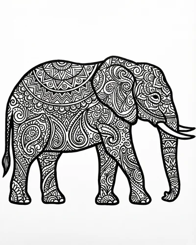 Detailed elephant silhouette in side profile filled with paisley swirls and tribal mandala patterns