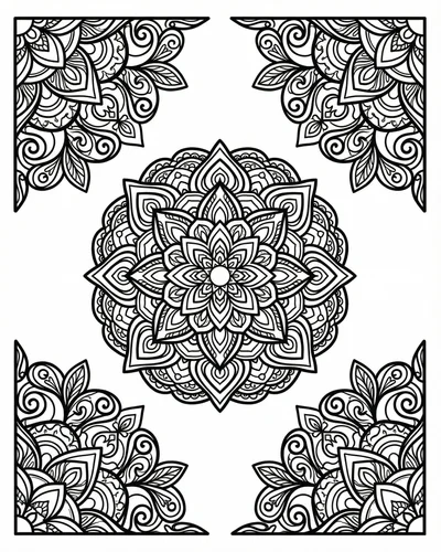 Heavy-floral corner sprays surrounding a layered round mandala bloom in the page center