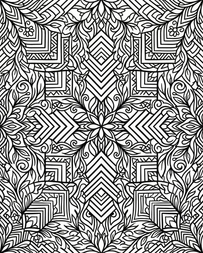Geometric chevron tile mandala built from leaf shapes and arrow patterns filling the page edge to edge