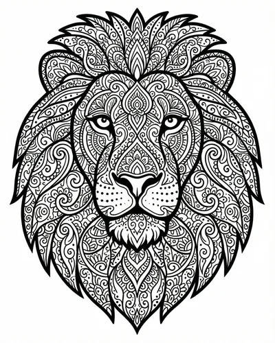 Front-facing lion head with mane composed of flowing paisley waves and ornamental swirls