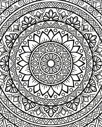 Multi-layered concentric mandala with diamond border, lotus petals and sunflower-style center