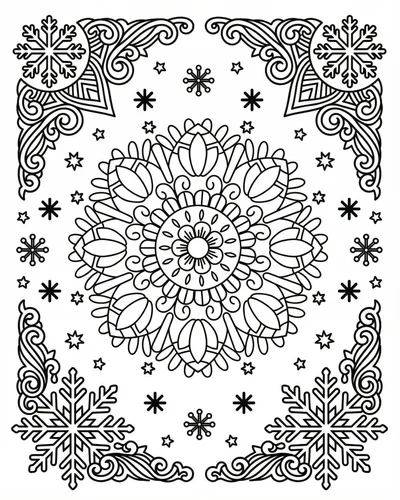 Snowflake corner mandala with central radial bloom and scattered stars throughout the page