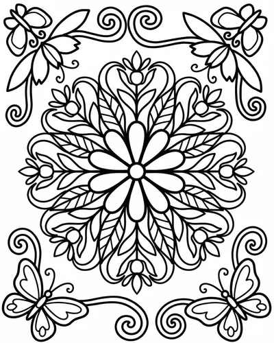 Soft-petaled flower mandala with butterfly corners and gentle swirls, low-density beginner design