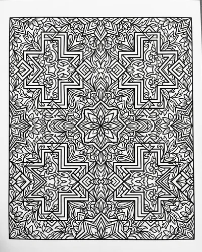 Star and chevron pattern tile mandala covering the page with foliage clusters at every corner