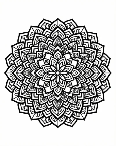 Sun-shaped radial burst mandala with layered pointed petals expanding from the very center
