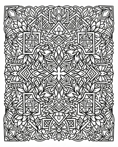 Symmetric square tile mandala with leafy bloom in the center and rectangle frames at corners