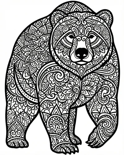 Walking bear silhouette filled with concentric circle mandalas, paisley shapes and floral motifs